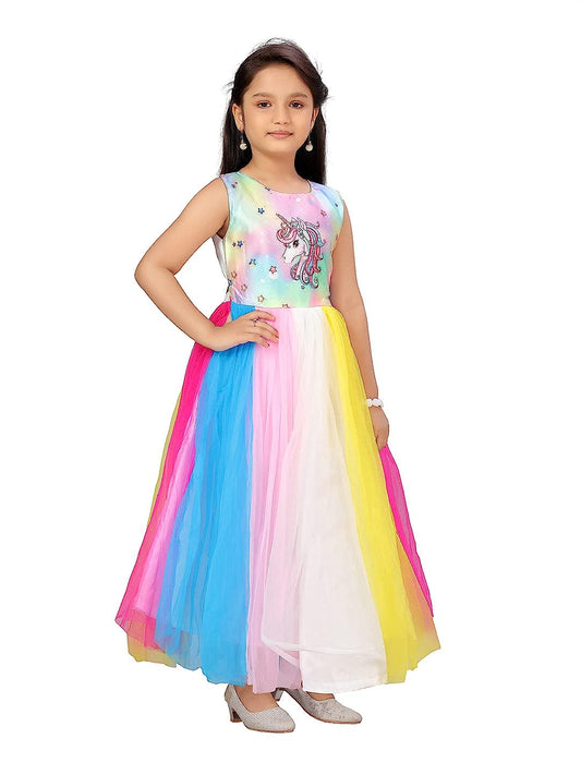 Multicolor Unicorn Printed Party Wear Gown for Girls Kids