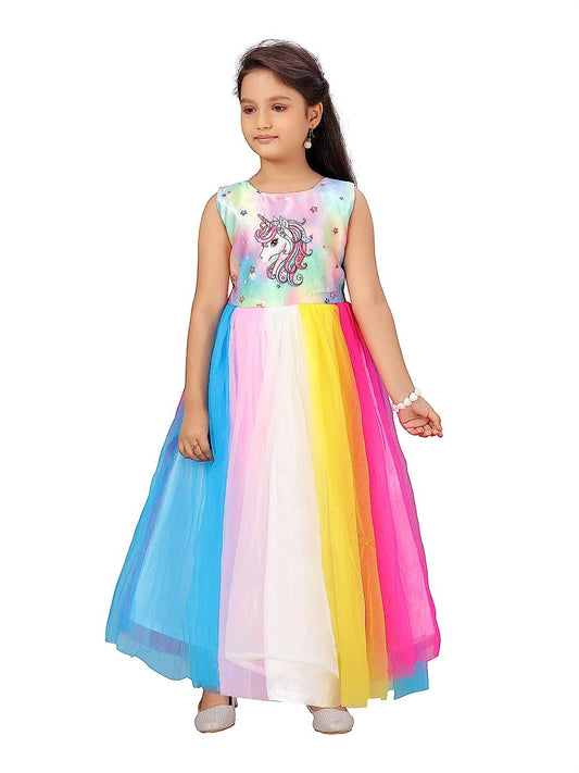 Multicolor Unicorn Printed Party Wear Gown for Girls Kids